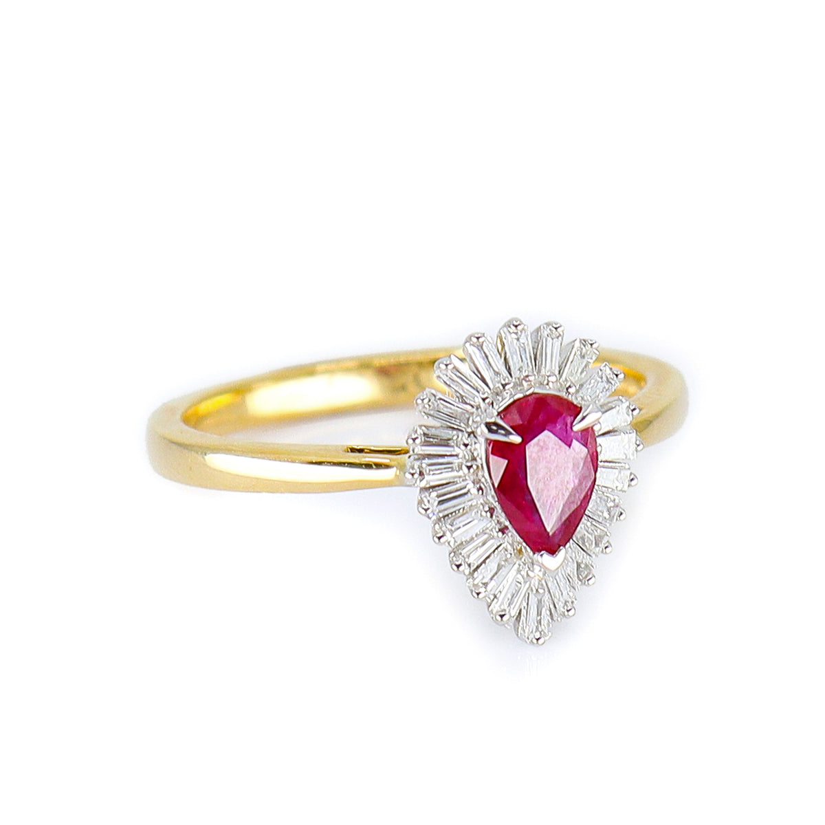 18ct Yellow Gold Pear Shaped Ruby & Tapered Diamond Baguette Fancy Cluster Ring