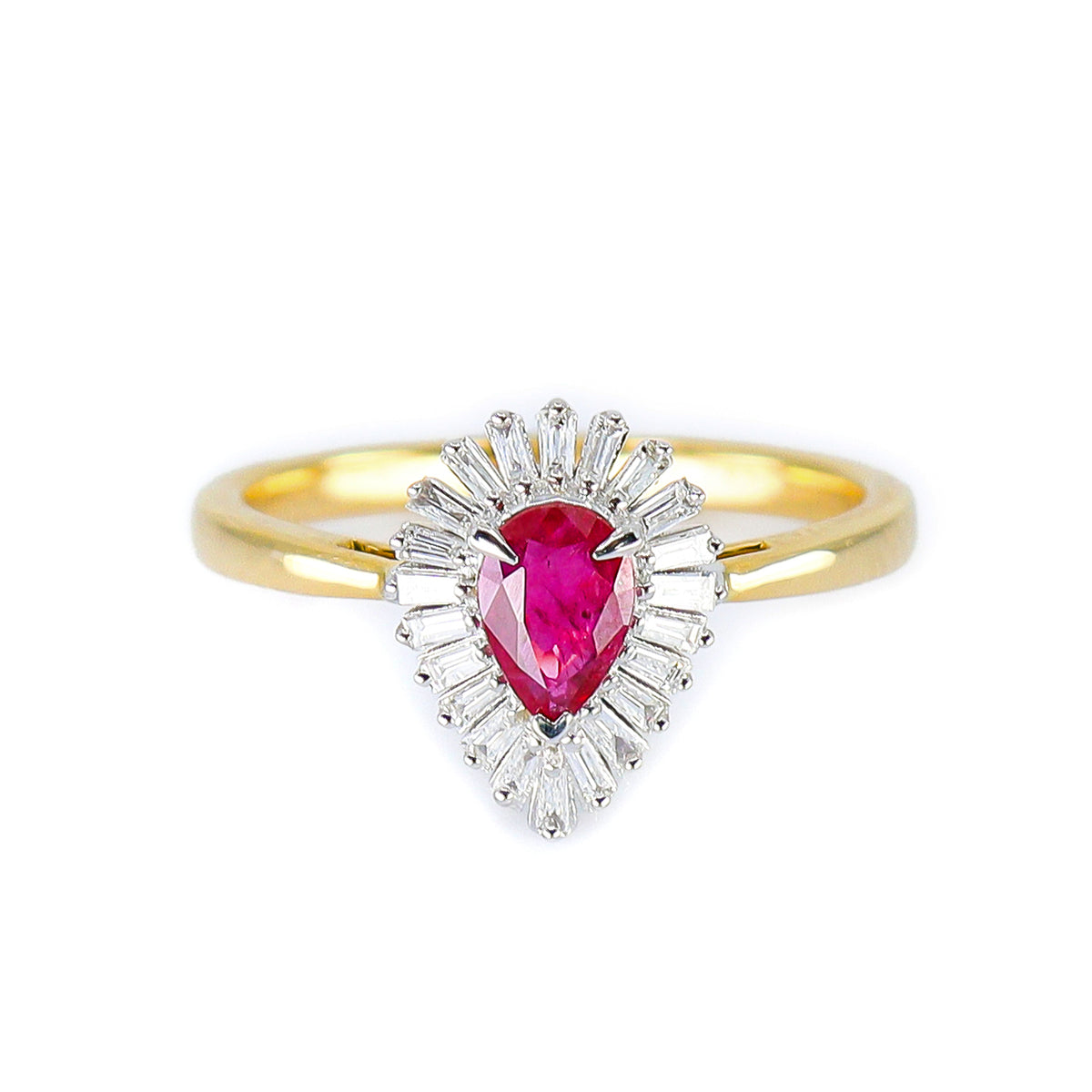 18ct Yellow Gold Pear Shaped Ruby & Tapered Diamond Baguette Fancy Cluster Ring