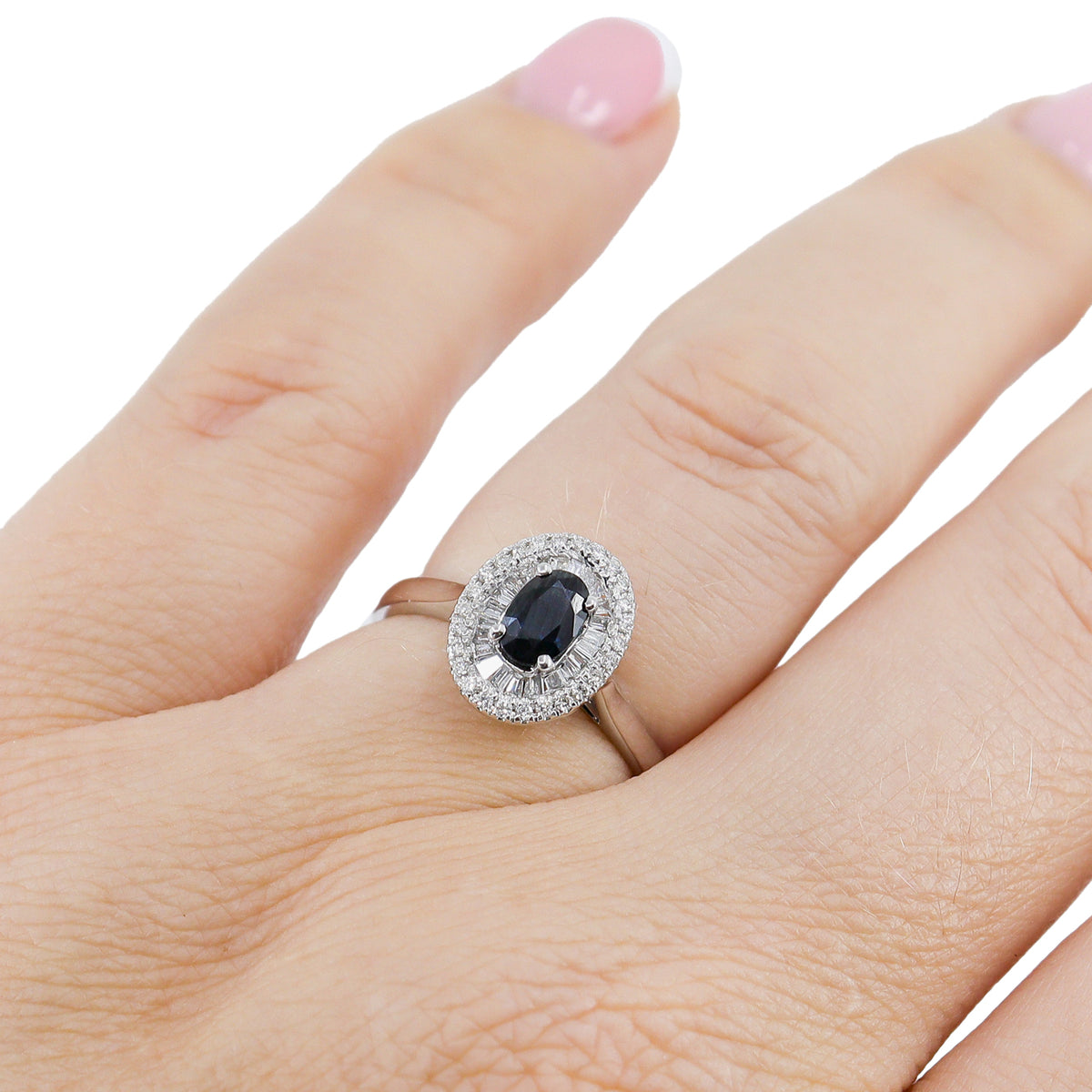 18ct White Gold Oval Sapphire & Diamond Tapered Baguette & Round Brilliant Double Halo Cluster Ring