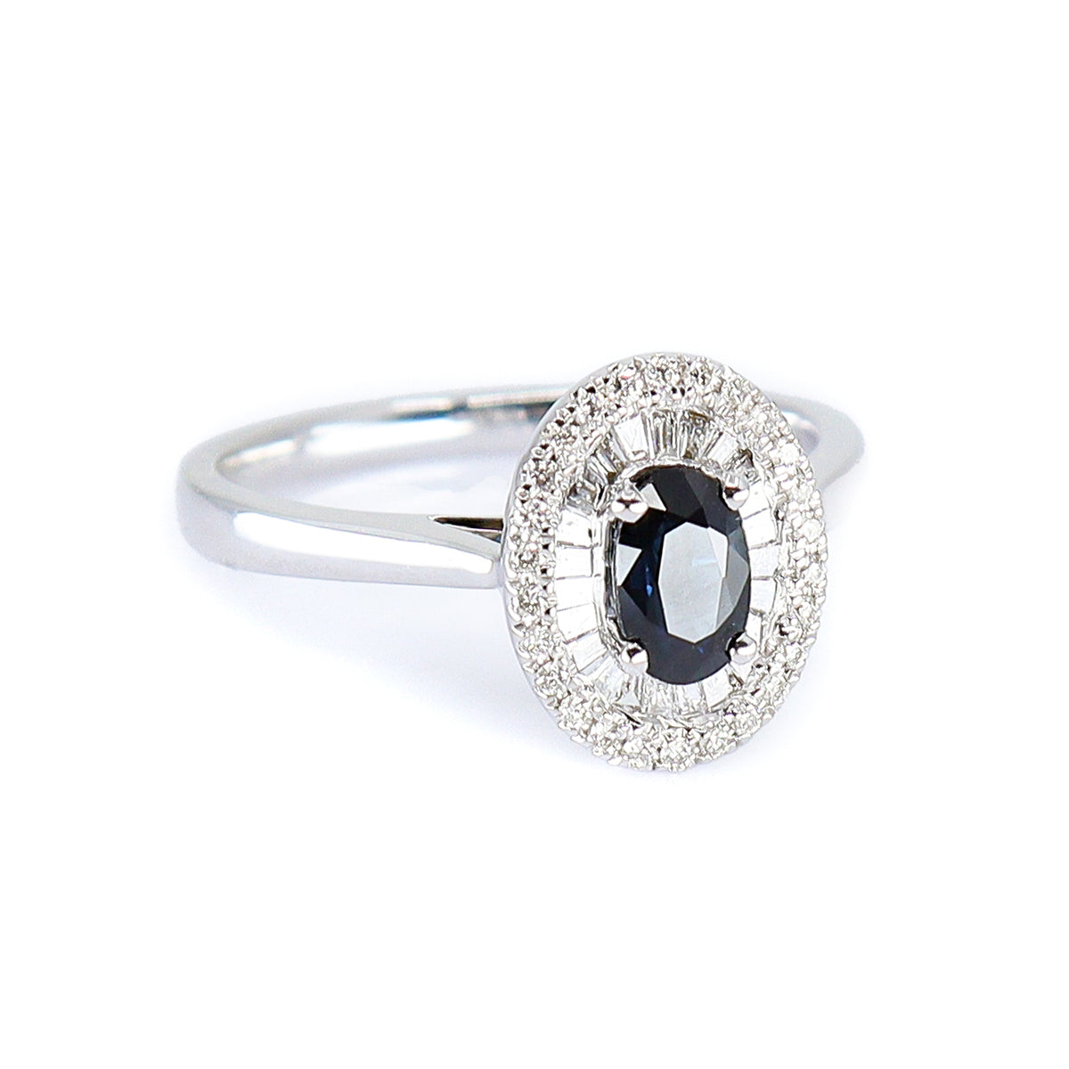 18ct White Gold Oval Sapphire & Diamond Tapered Baguette & Round Brilliant Double Halo Cluster Ring