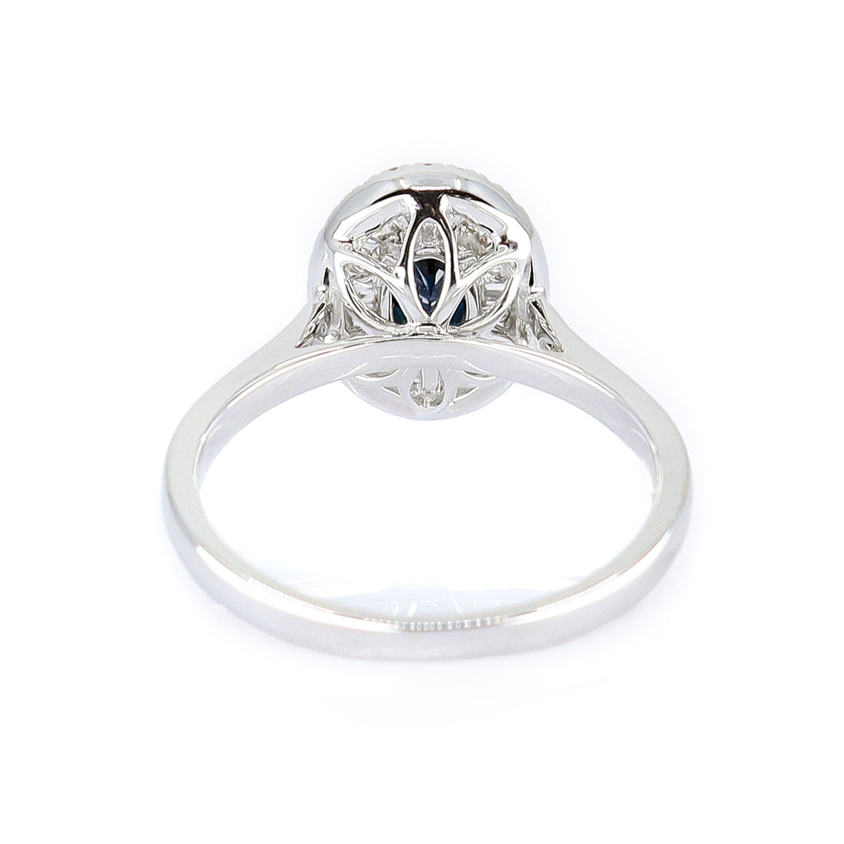 18ct White Gold Oval Sapphire & Diamond Tapered Baguette & Round Brilliant Double Halo Cluster Ring