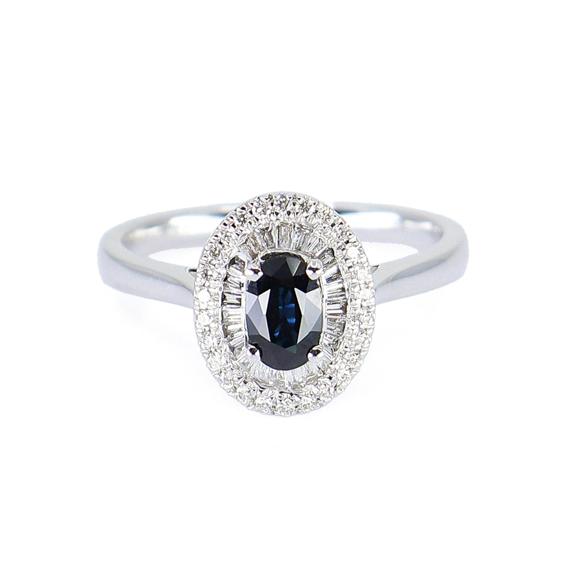 18ct White Gold Oval Sapphire & Diamond Tapered Baguette & Round Brilliant Double Halo Cluster Ring