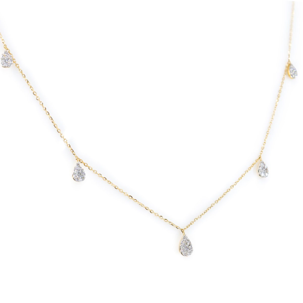 18ct Yellow Gold Pave Diamond Pear-Shaped Droplet Station Necklace