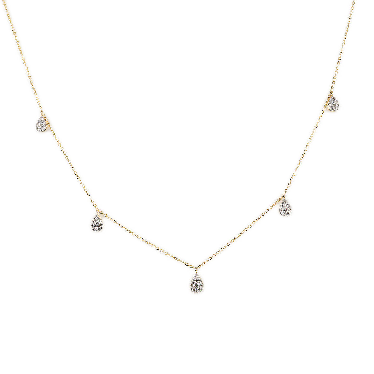 18ct Yellow Gold Pave Diamond Pear-Shaped Droplet Station Necklace