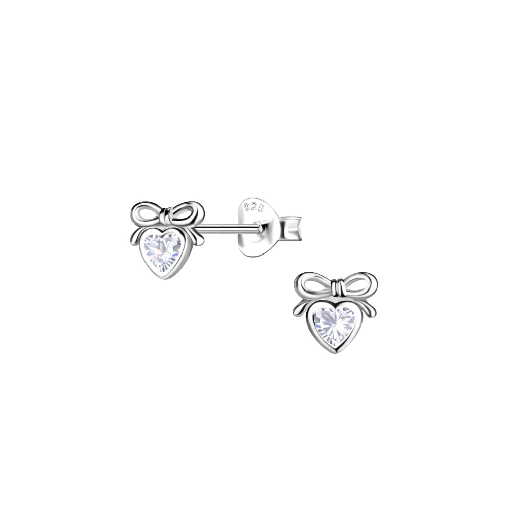 Dew Sterling Silver Cubic Zirconia Heart Bow Stud Earrings