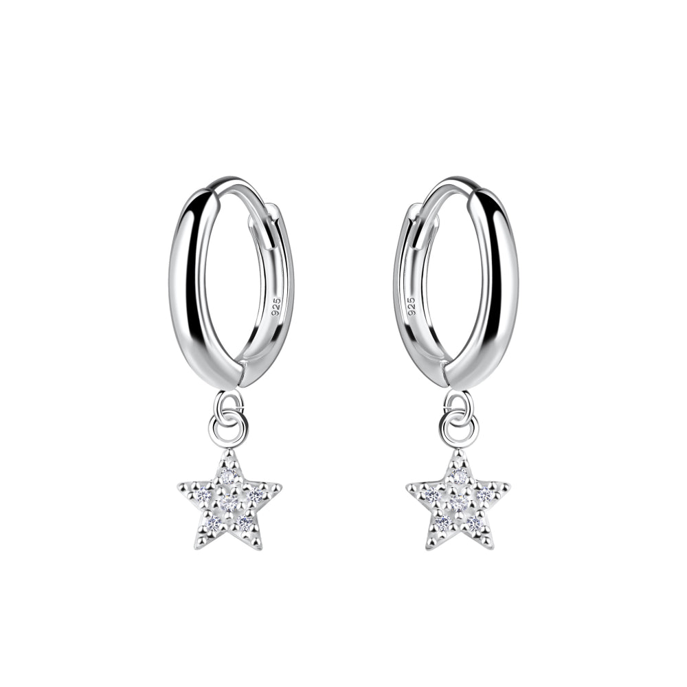 Dew Sterling Silver Cubic Zirconia Star Charm Hinged Hoop Earrings