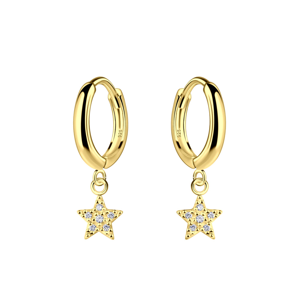 Dew Gold Plated Cubic Zirconia Star Charm Hinged Hoop Earrings