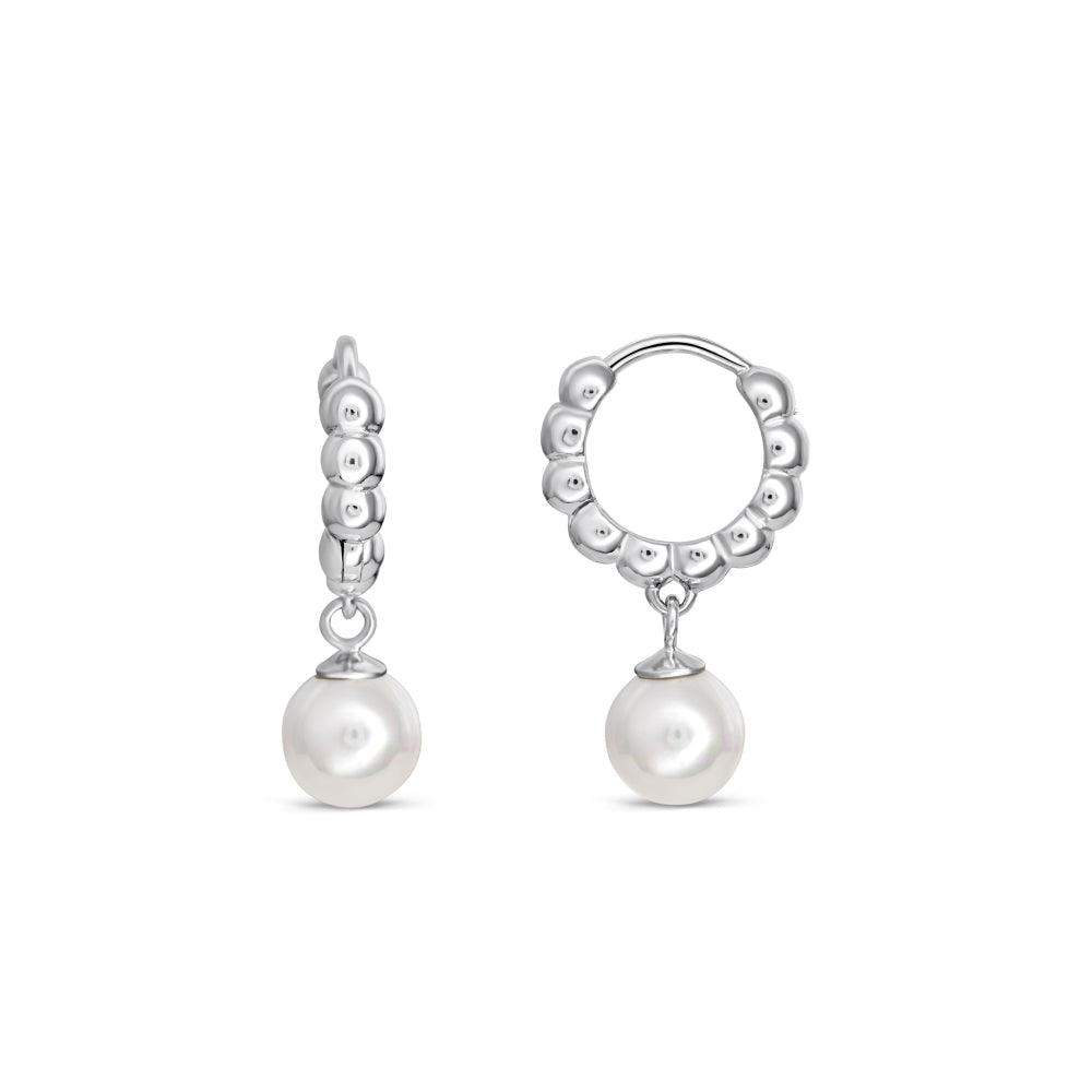 Dew Sterling Silver Shell Pearl Beaded Hinged Hoop Earrings