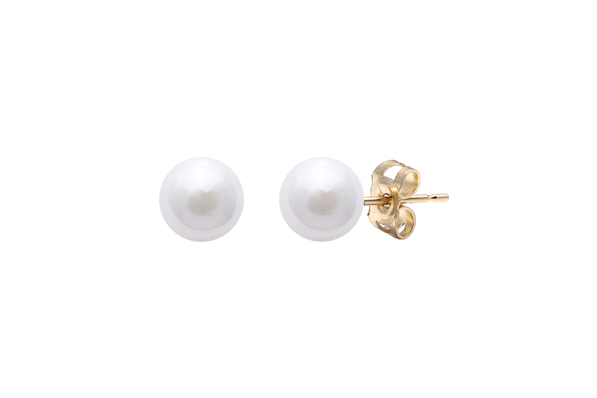 9ct Yellow Gold Cultured White 6-6.5mm Pearl Stud Earrings