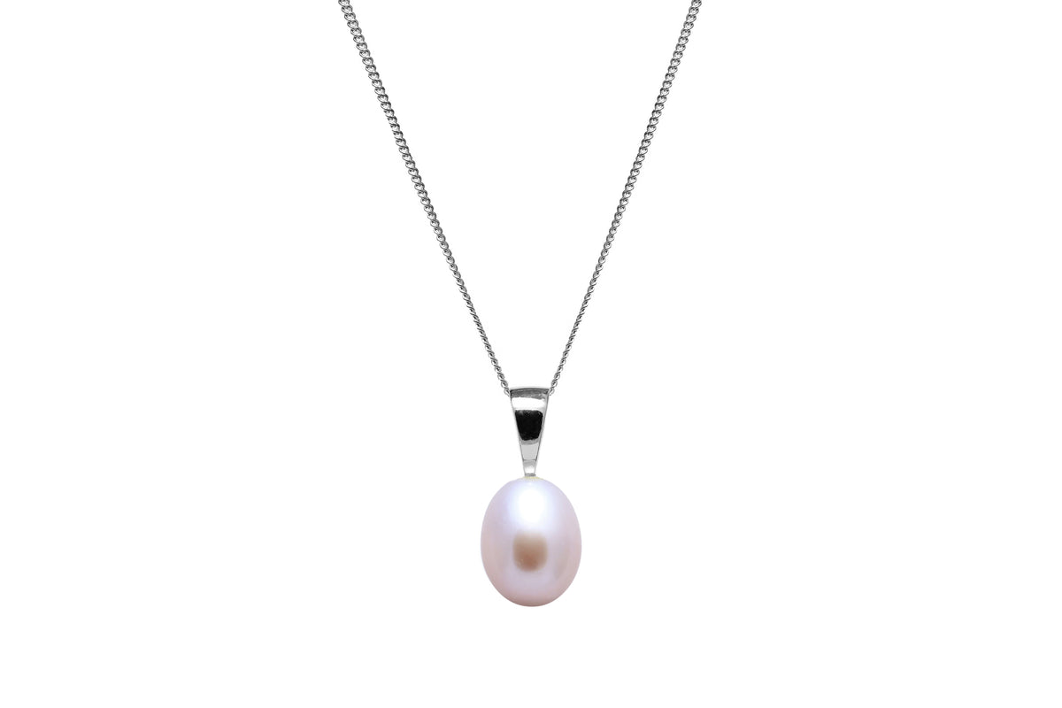 9ct White Gold Freshwater Pink 7.5-8mm Teardrop Pearl Pendant & Chain