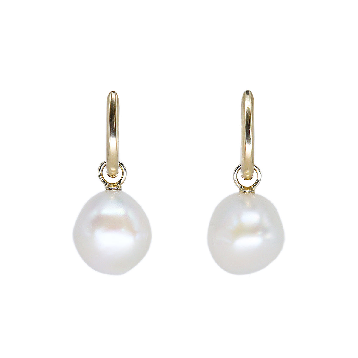 9ct Yellow Gold Freshwater White Baroque 11-13mm Pearl Huggie Hoop Earring - Removeable