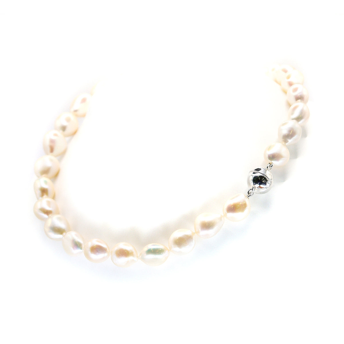 Sterling Silver Freshwater Baroque White 11-12mm Pearl Necklace - Magnetic clasp 18"