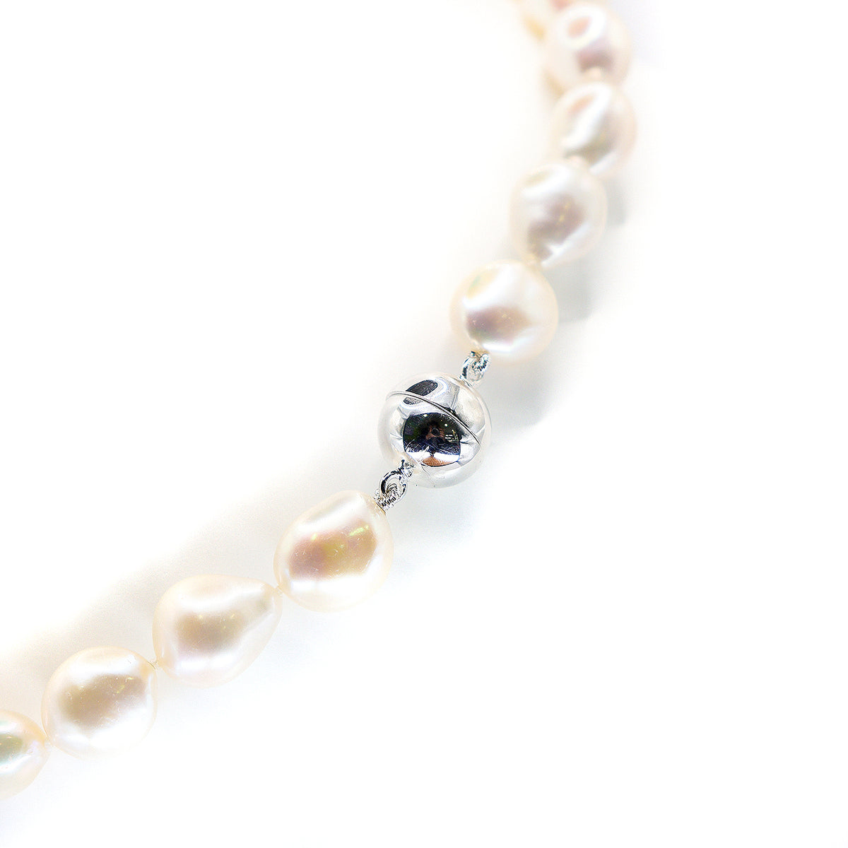 Sterling Silver Freshwater Baroque White 11-12mm Pearl Necklace - Magnetic clasp 18"