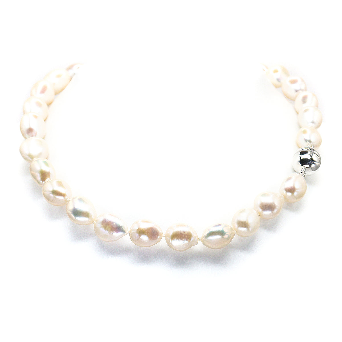 Sterling Silver Freshwater Baroque White 11-12mm Pearl Necklace - Magnetic clasp 18"
