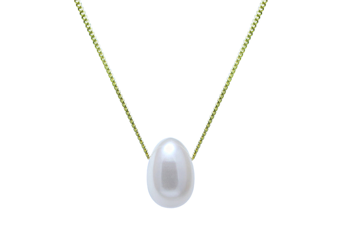 9ct Yellow Gold Freshwater White 12-9mm Teardrop Sliding Pearl Pendant & Chain 18"