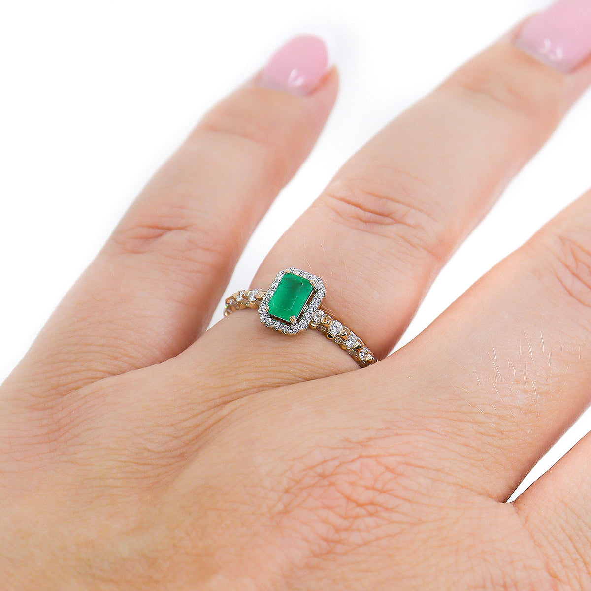 9ct Yellow Gold Emerald Ring with Diamond Halo and Diamond Set Shoulders