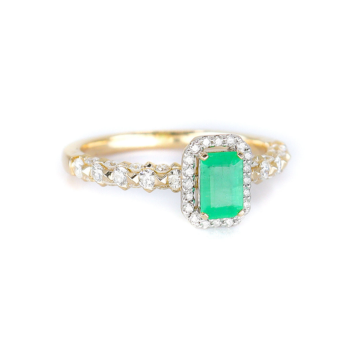 9ct Yellow Gold Emerald Ring with Diamond Halo and Diamond Set Shoulders