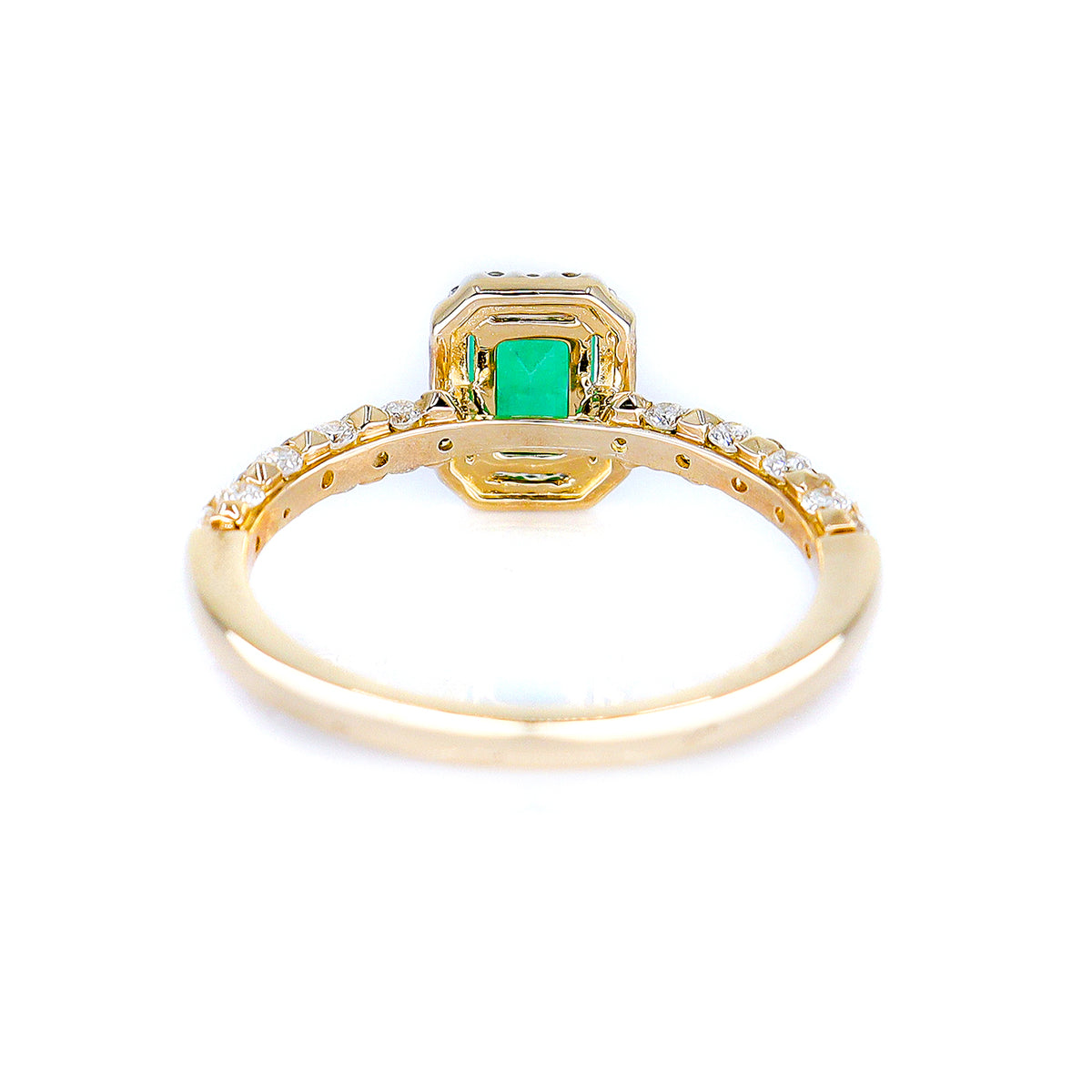 9ct Yellow Gold Emerald Ring with Diamond Halo and Diamond Set Shoulders