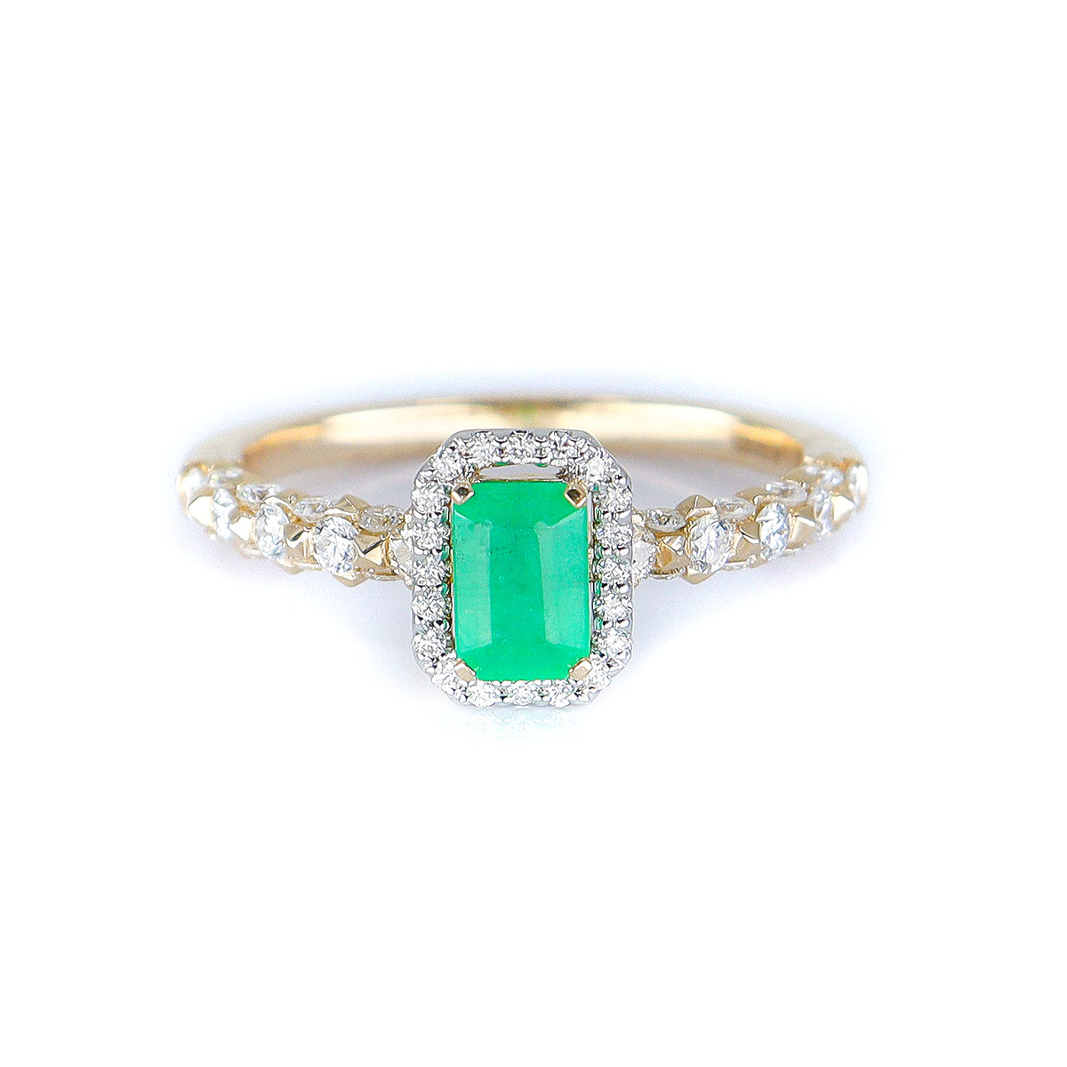 9ct Yellow Gold Emerald Ring with Diamond Halo and Diamond Set Shoulders