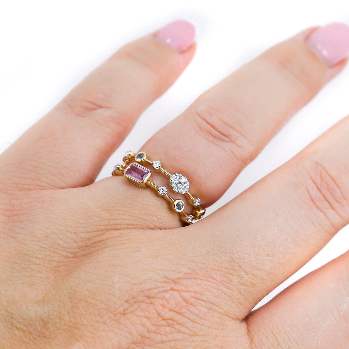 9ct Yellow Gold Diamond, Pink Sapphire & Blue Topaz Two Row Multi Stone Ring