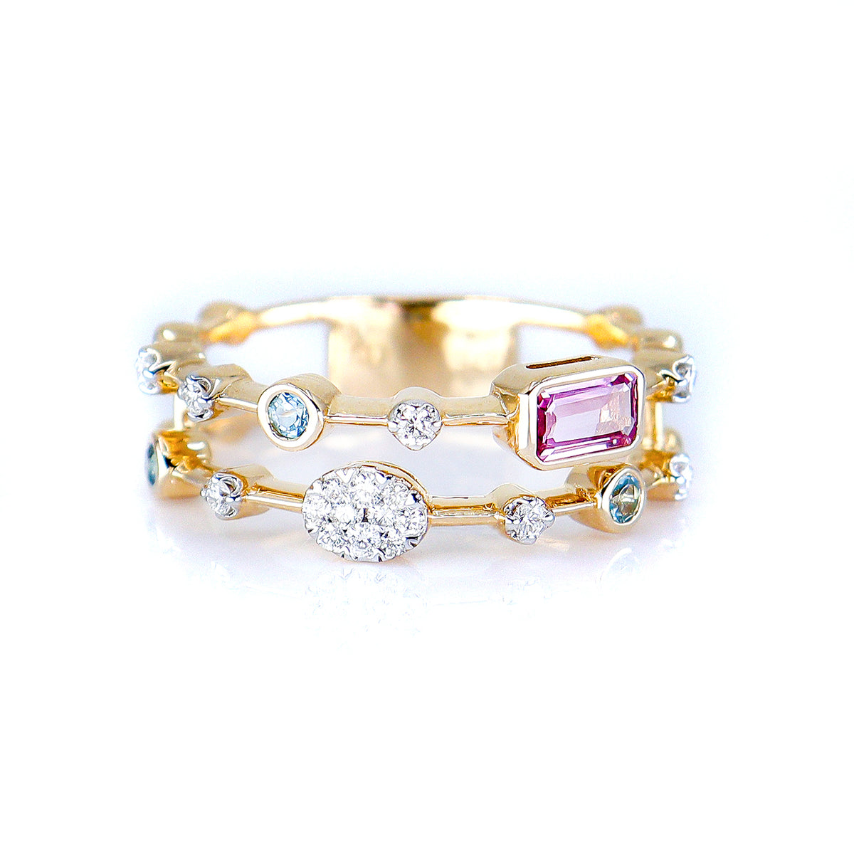 9ct Yellow Gold Diamond, Pink Sapphire & Blue Topaz Two Row Multi Stone Ring