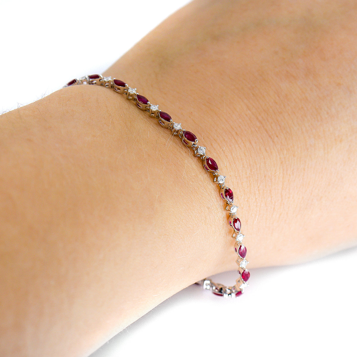 9ct White Gold Marquise Ruby & Round Brilliant Cut Diamond Line Bracelet
