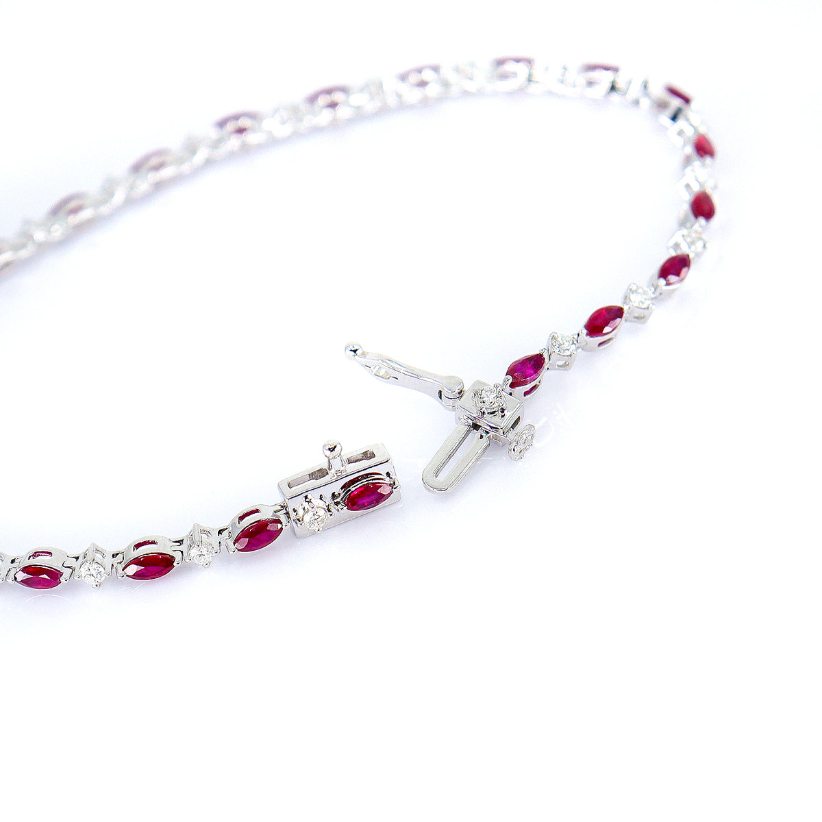 9ct White Gold Marquise Ruby & Round Brilliant Cut Diamond Line Bracelet