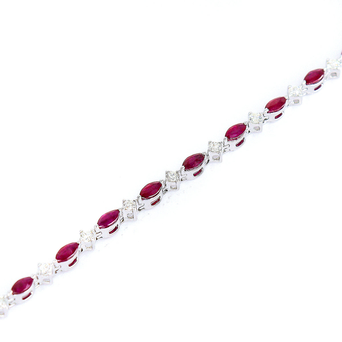 9ct White Gold Marquise Ruby & Round Brilliant Cut Diamond Line Bracelet