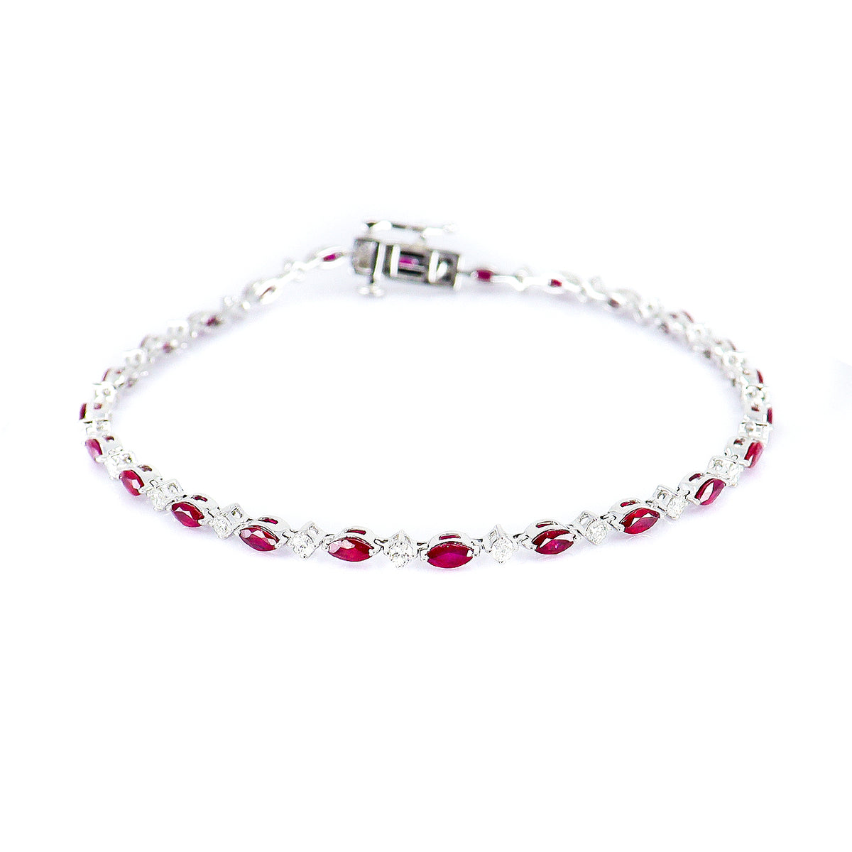9ct White Gold Marquise Ruby & Round Brilliant Cut Diamond Line Bracelet