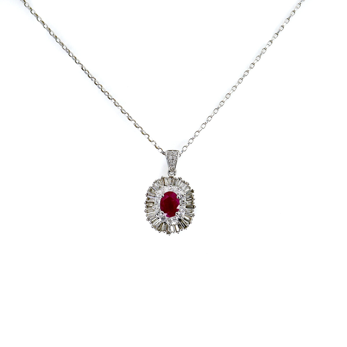 Pre-Owned 9ct White Gold Ruby & Diamond Sunray Cluster Pendant & Chain