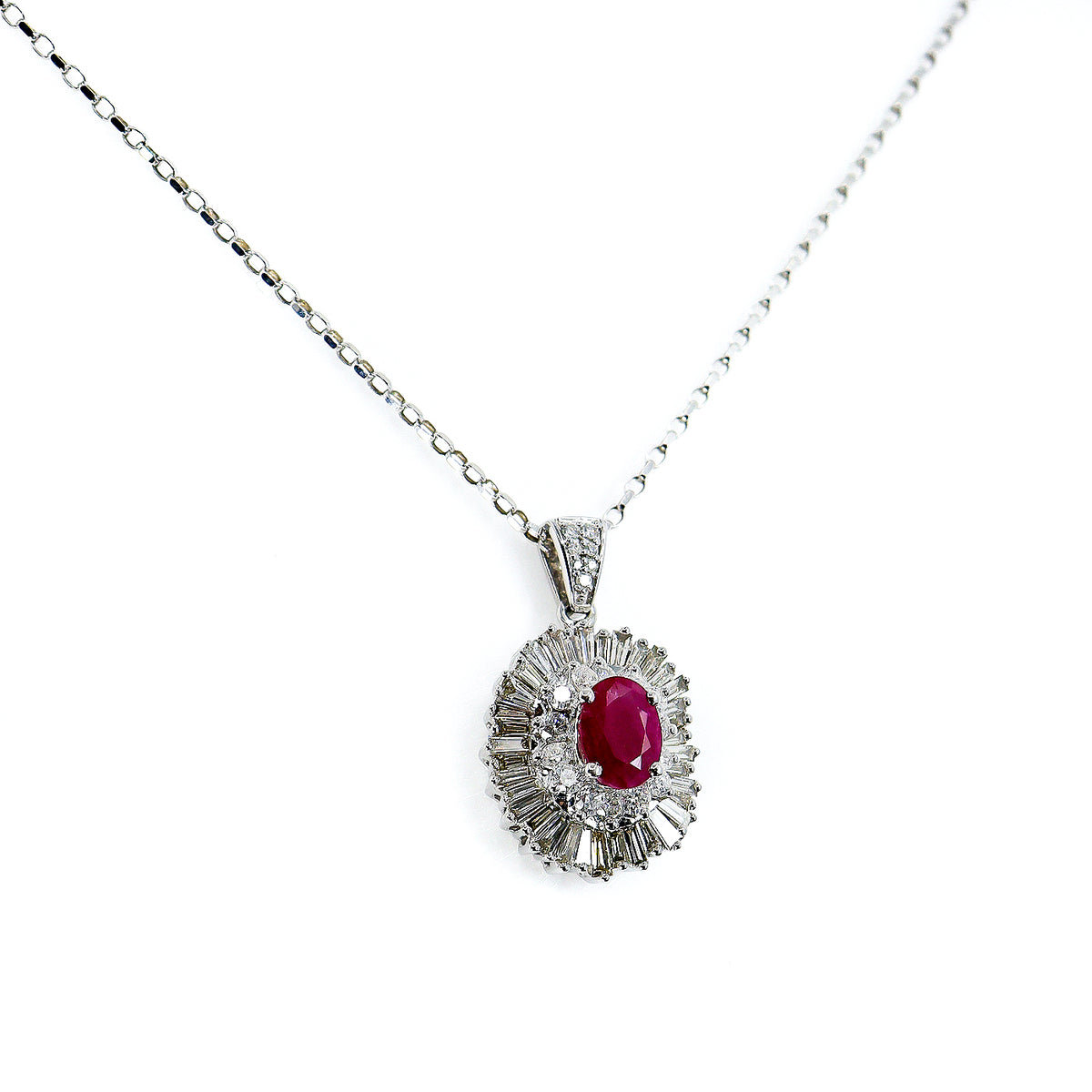 Pre-Owned 9ct White Gold Ruby & Diamond Sunray Cluster Pendant & Chain