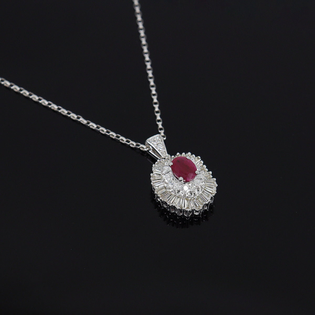 Pre-Owned 9ct White Gold Ruby & Diamond Sunray Cluster Pendant & Chain