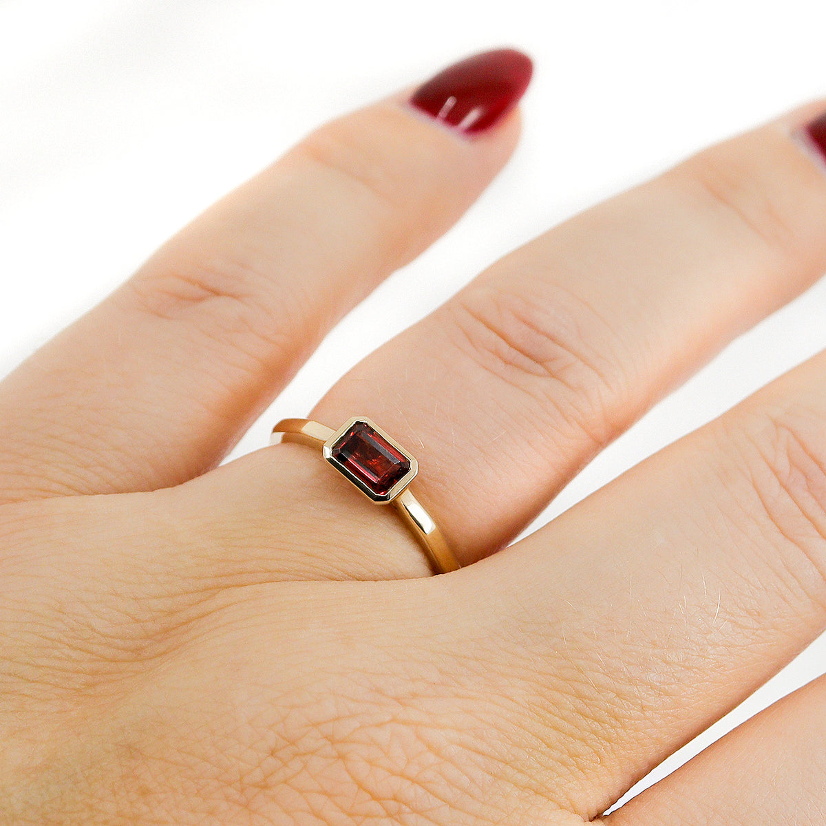 9ct Yellow Gold Emerald Cut Garnet Solitaire Ring