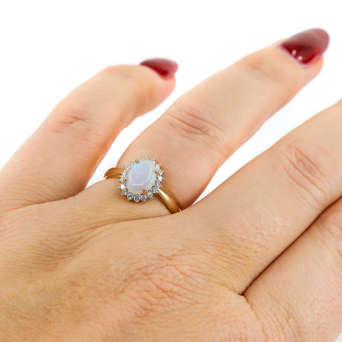 9ct Yellow Gold Opal & Diamond Halo Cluster Ring