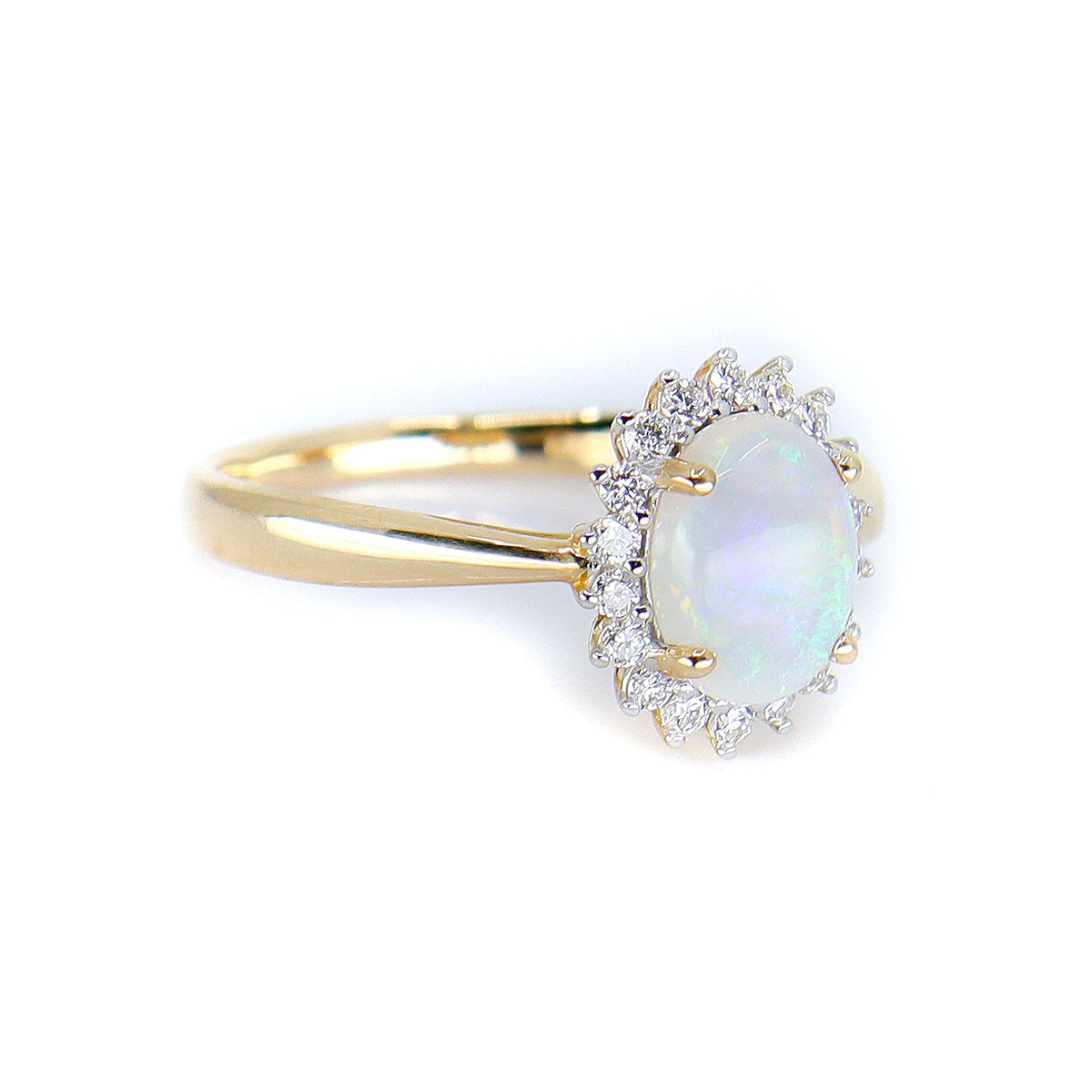 9ct Yellow Gold Opal & Diamond Halo Cluster Ring