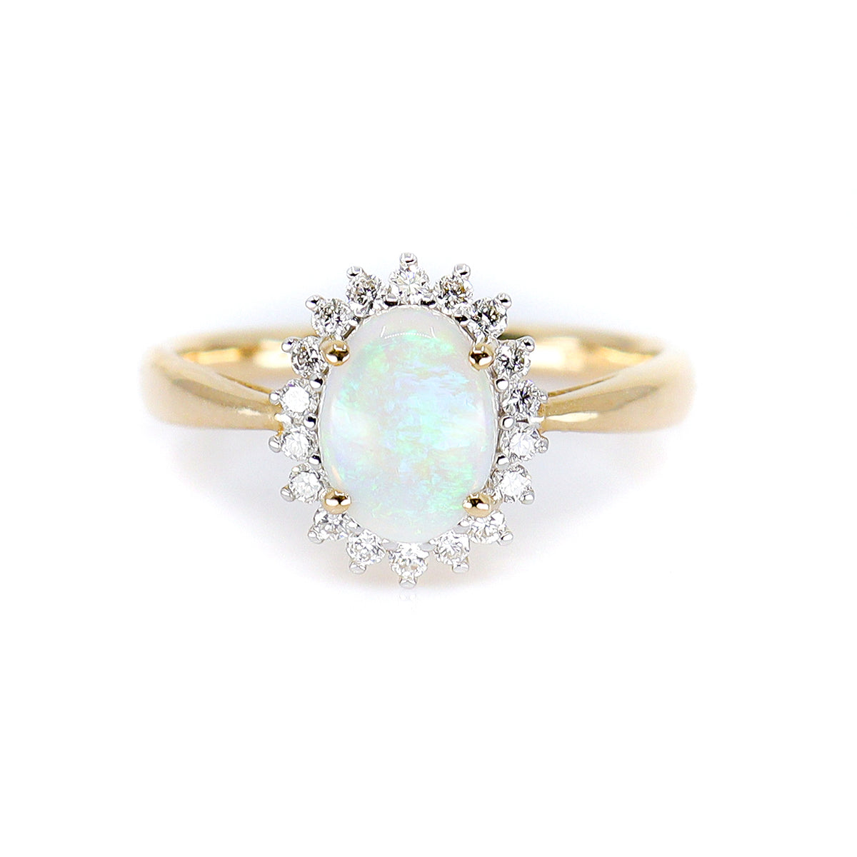 9ct Yellow Gold Opal & Diamond Halo Cluster Ring