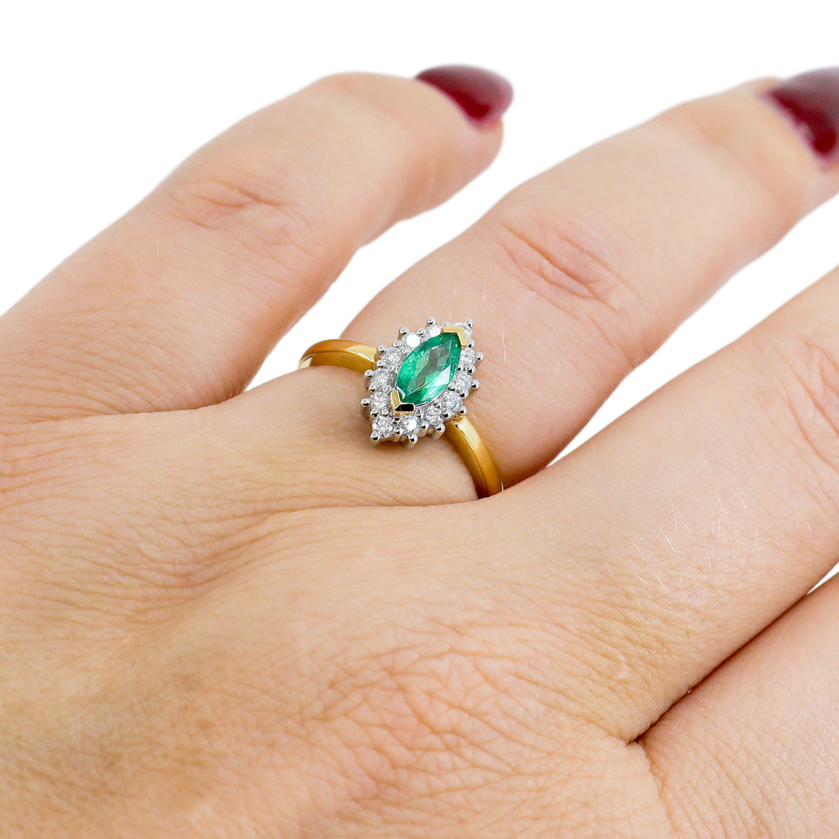 18ct Yellow Gold Marquise Emerald & Diamond Halo Cluster Ring