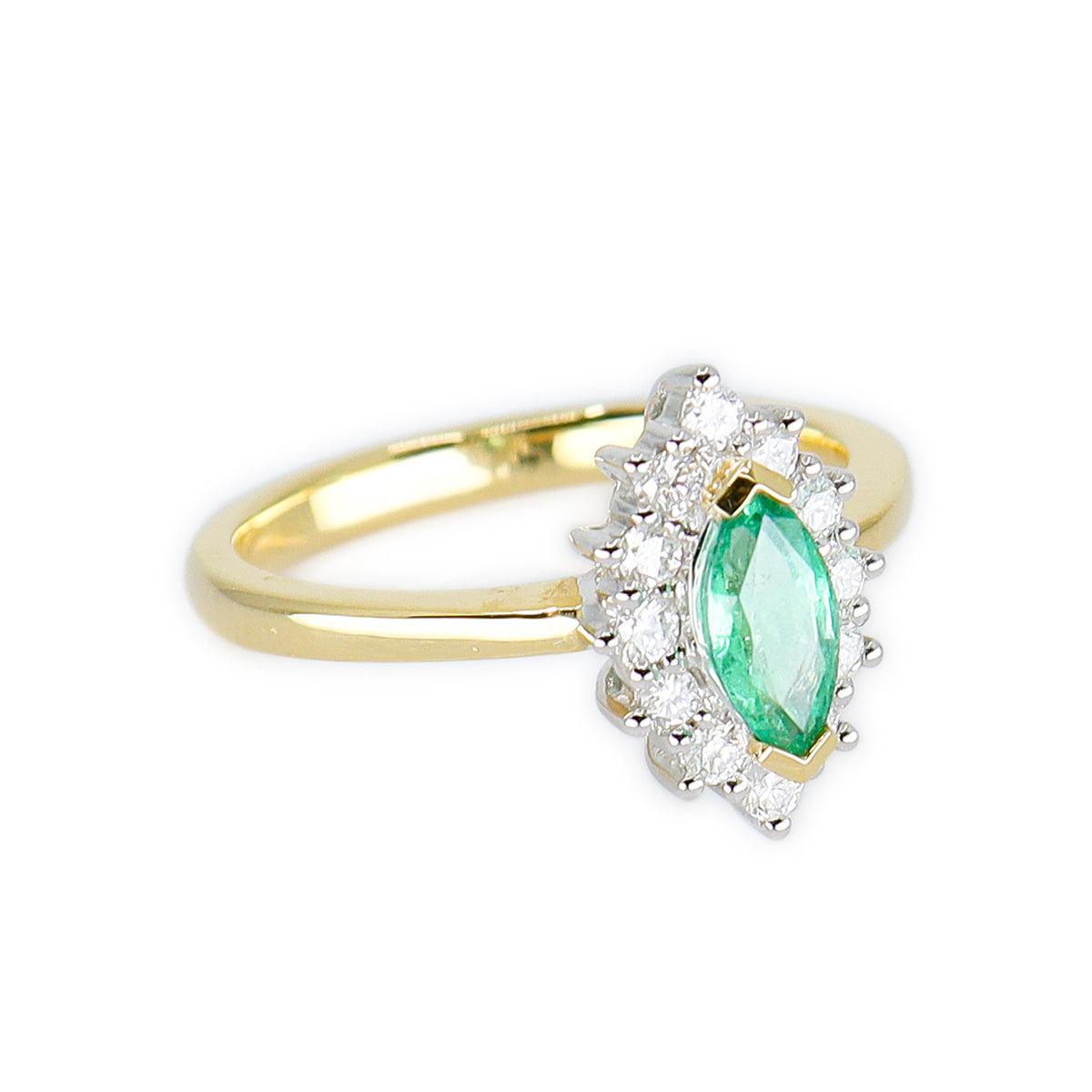 18ct Yellow Gold Marquise Emerald & Diamond Halo Cluster Ring