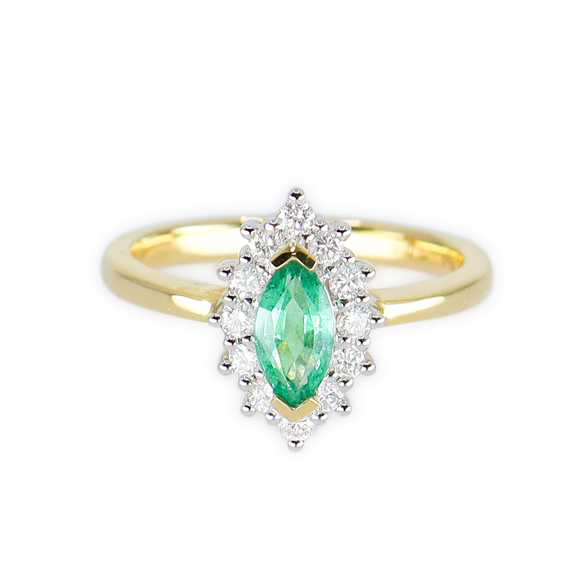 18ct Yellow Gold Marquise Emerald & Diamond Halo Cluster Ring