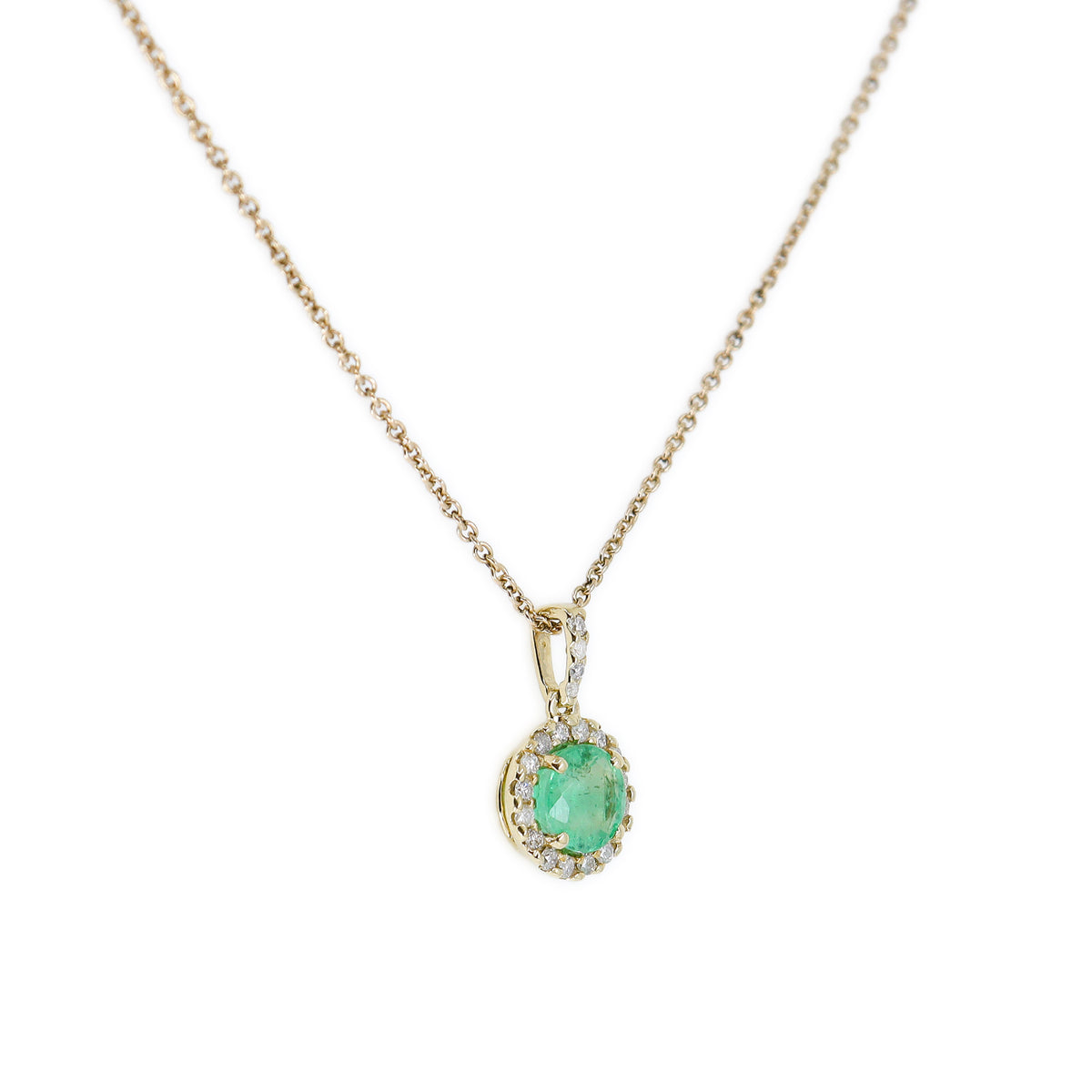 Pre-Owned 9ct Yellow Gold Emerald & Diamond Halo Pendant & Chain