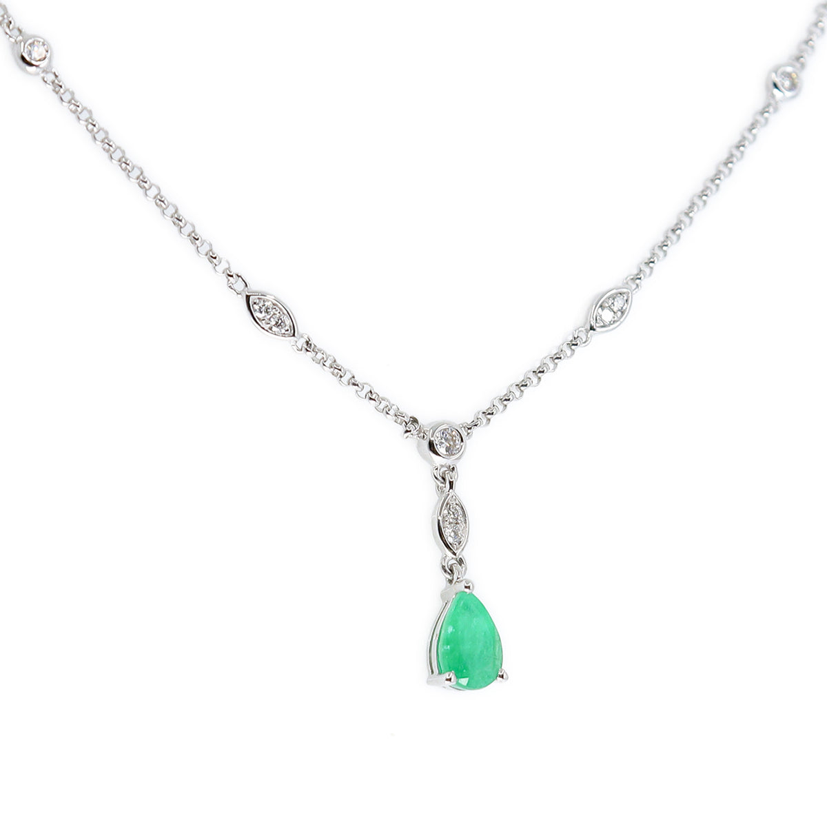 9ct White Gold Emerald & Diamond Drop Necklace