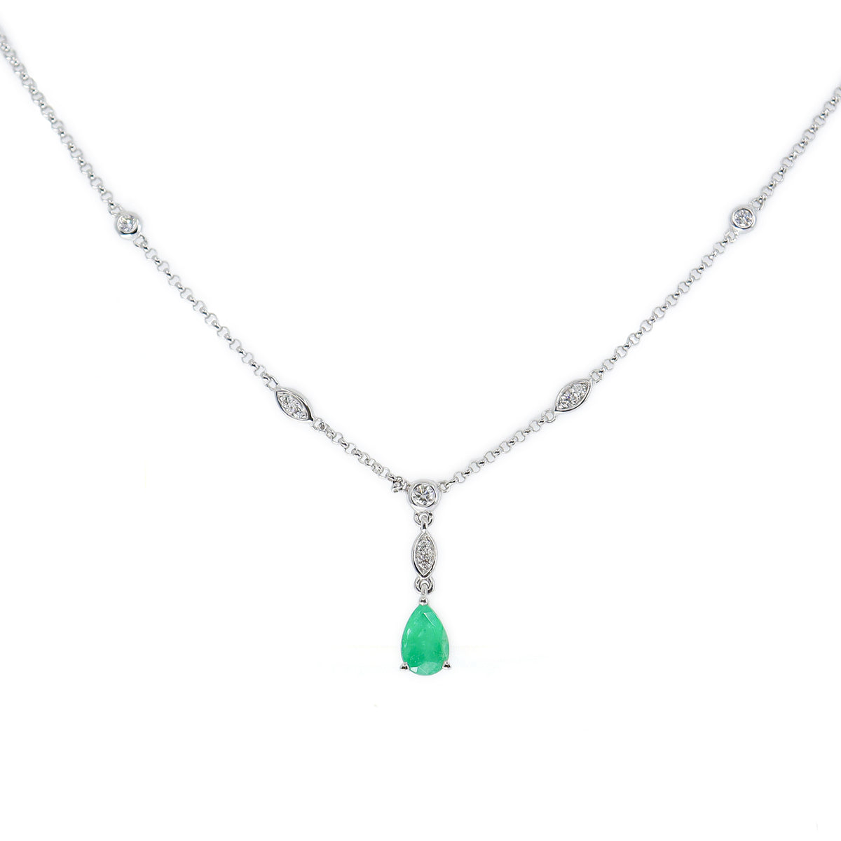 9ct White Gold Emerald & Diamond Drop Necklace