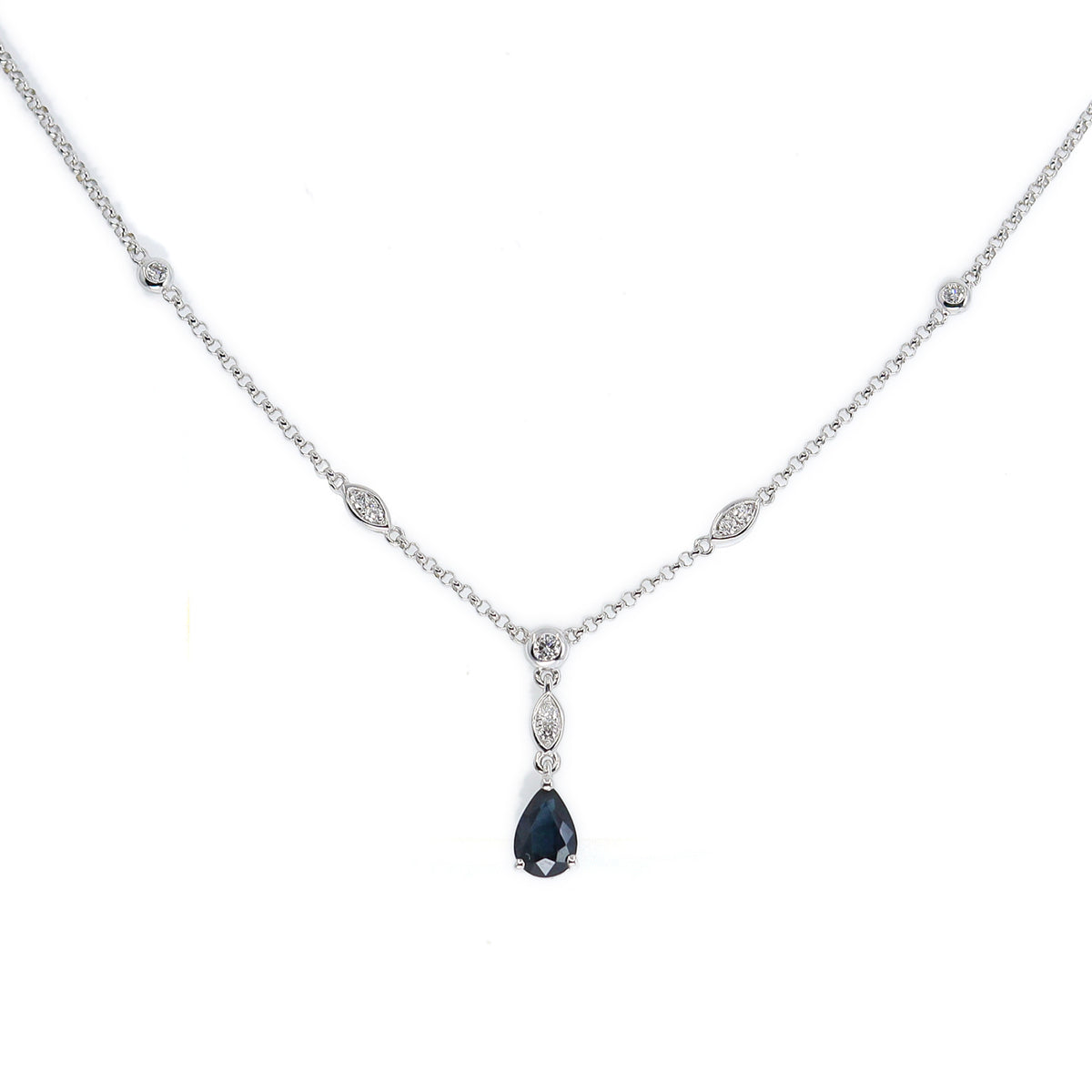 9ct White Gold Sapphire & Diamond Drop Necklace