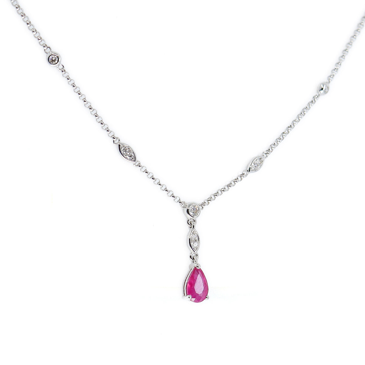 9ct White Gold Ruby & Diamond Drop Necklace