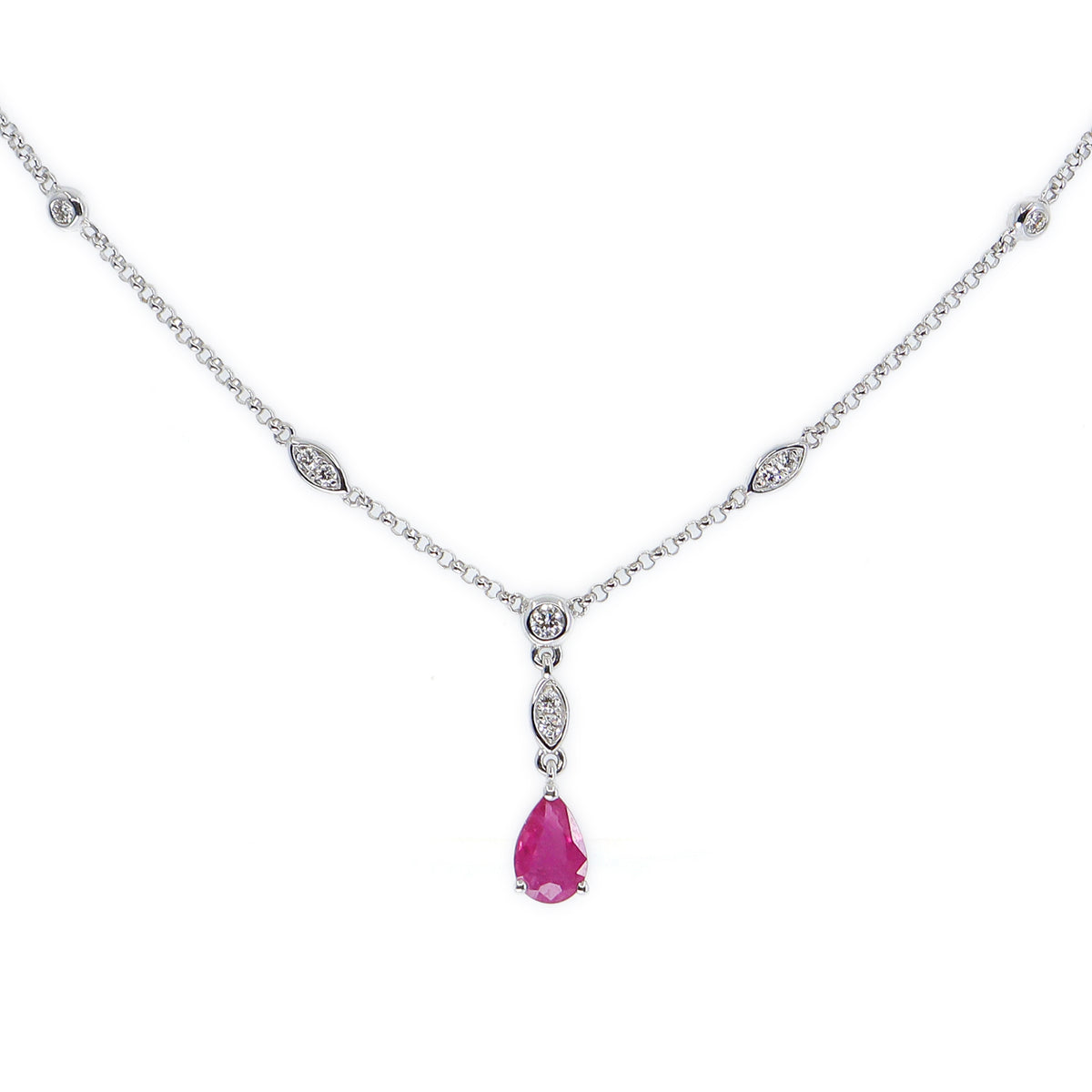 9ct White Gold Ruby & Diamond Drop Necklace
