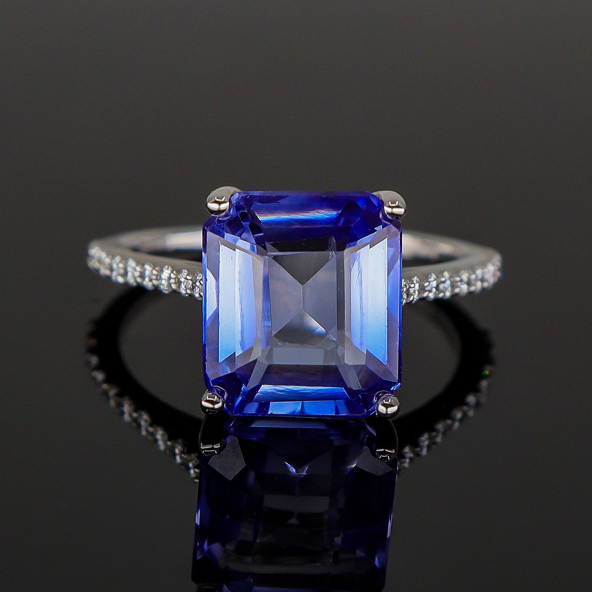 Pre-Owned 18ct White Gold Emerald Cut Sapphire & Diamond Ring