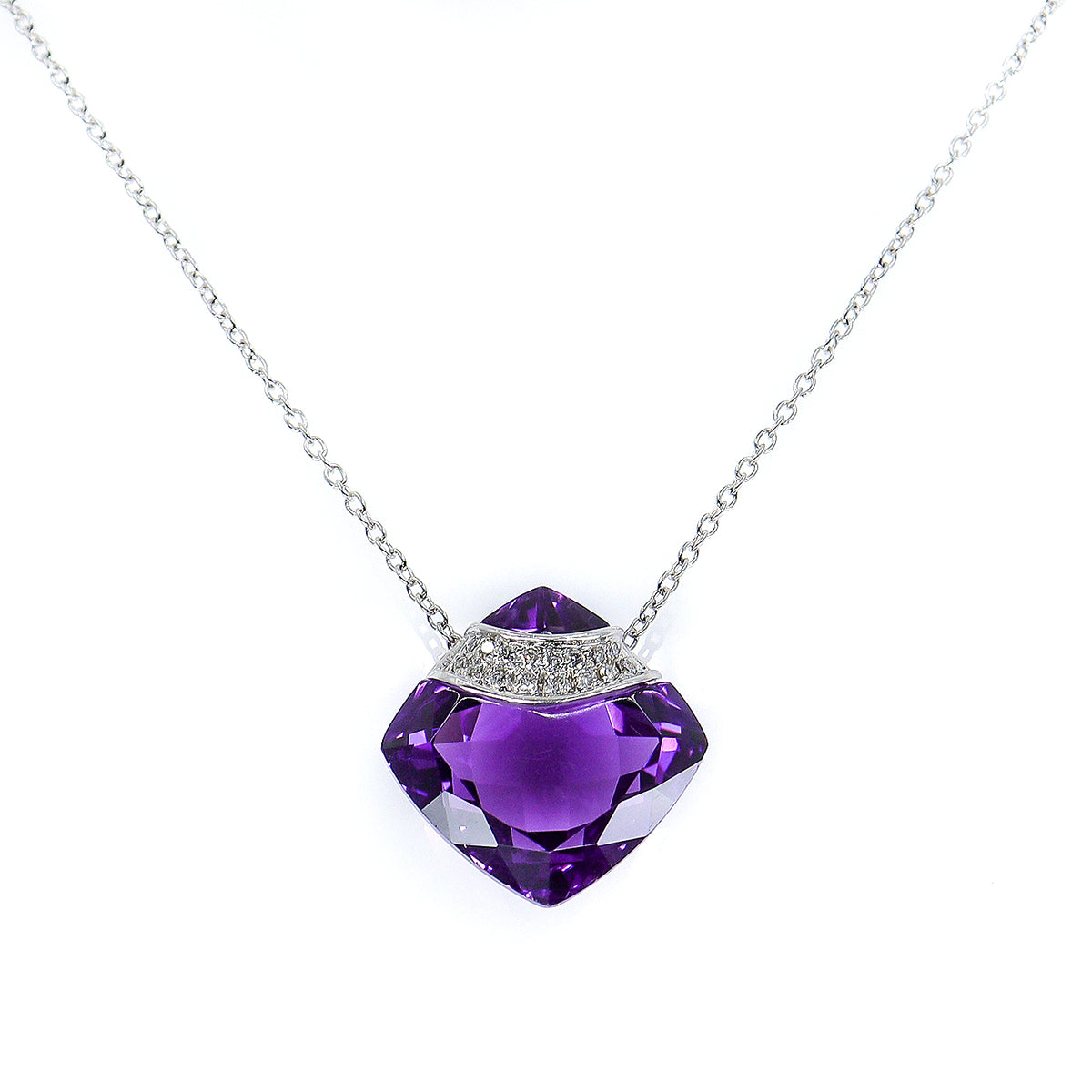 Pre-Owned 18ct White Gold Fancy Cushion Cut Amethyst & Diamond Fancy Floating Pendant & Chain