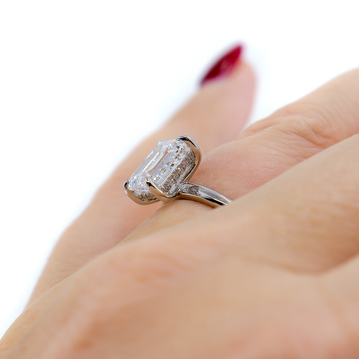 Platinum Lab Grown 3.17ct TDW Emerald Cut Diamond Claw Set Solitaire Ring With Diamond Accented