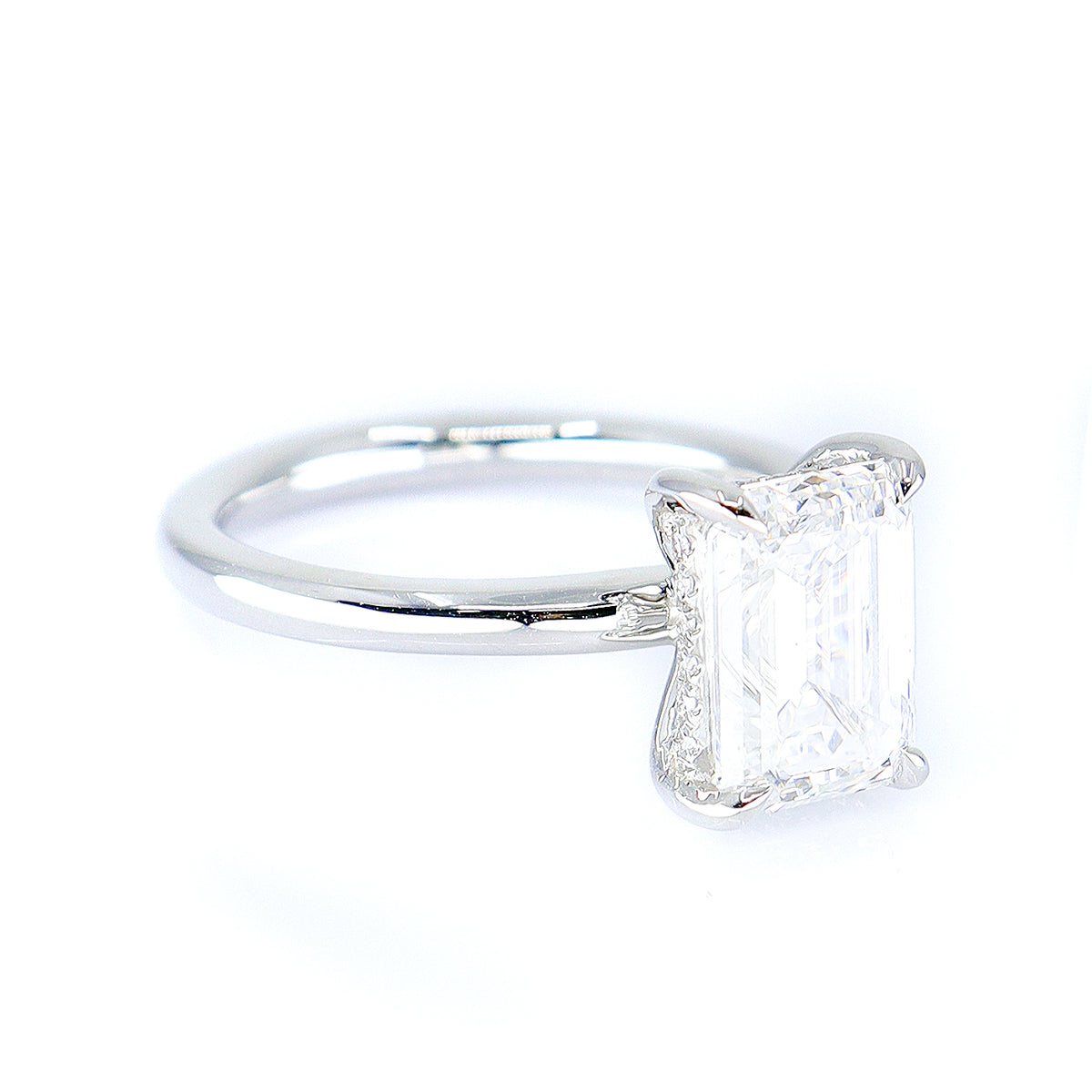 Platinum Lab Grown 3.17ct TDW Emerald Cut Diamond Claw Set Solitaire Ring With Diamond Accented
