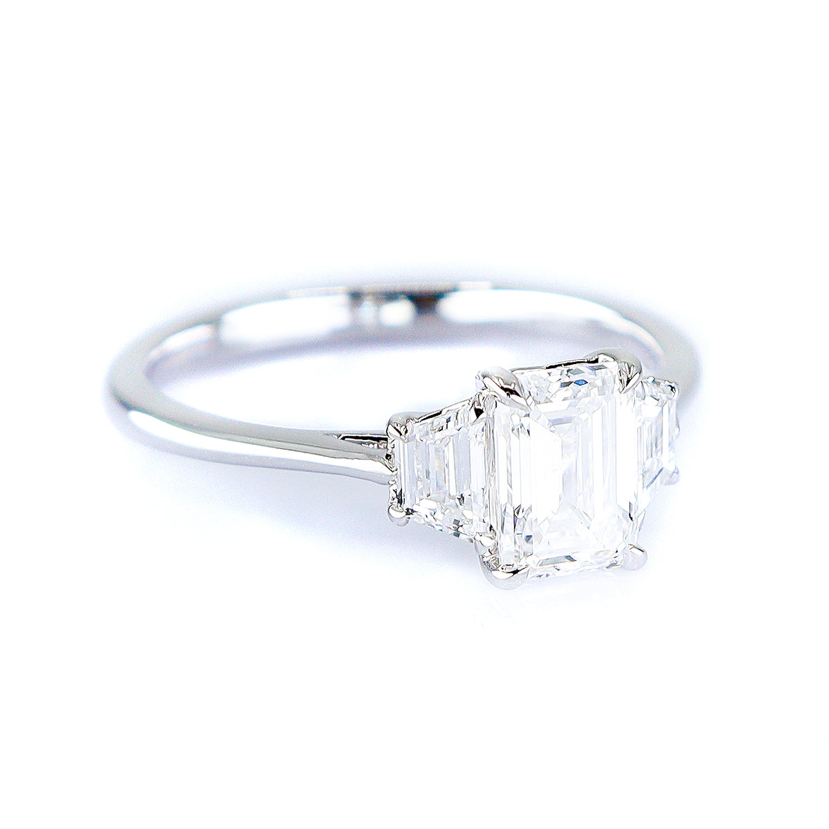 18ct White Gold 1.38ct TDW Lab Grown Diamond Certificated Emerald Cut & Trapezoid Three Stone Ring